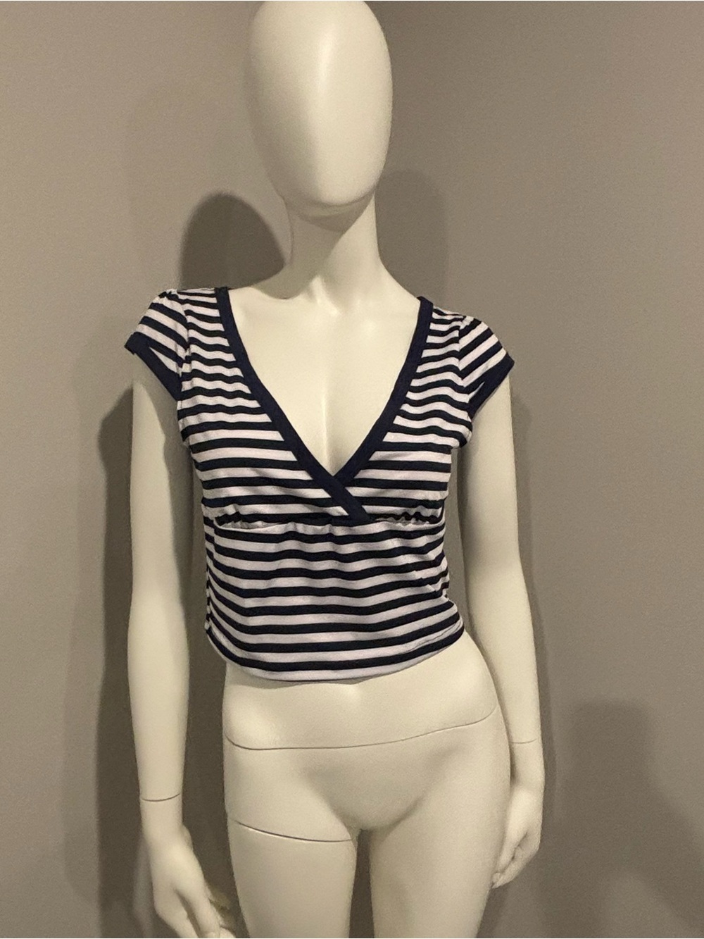 Striped Black and White V-Neck Cap Sleeve Top